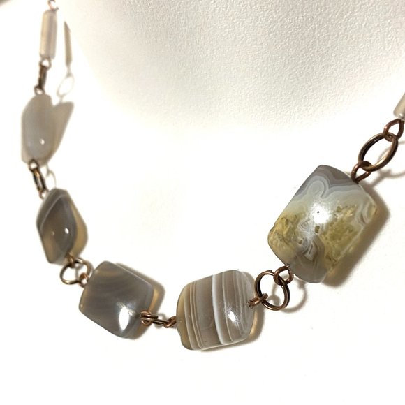 Geometric Banded Agate Necklace, Rustic Genuine Gemstone Copper Link Necklace - Picture 1 of 11